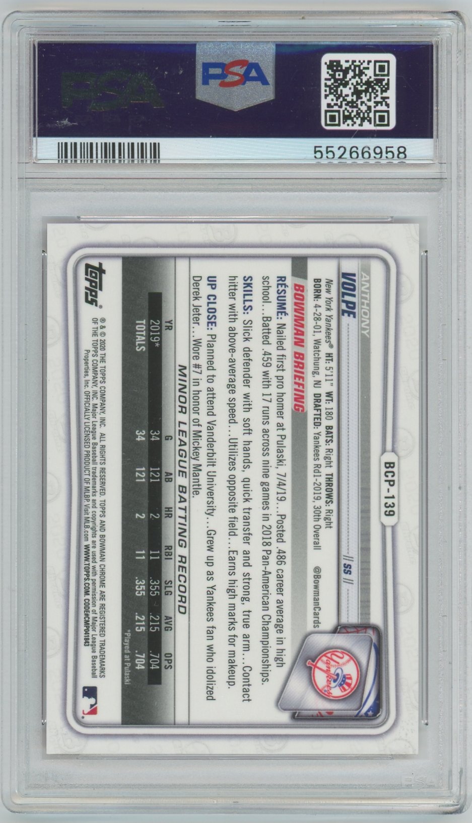 2020 Anthony Volpe - Baseball Bowman Chrome Sapphire Edition PSA